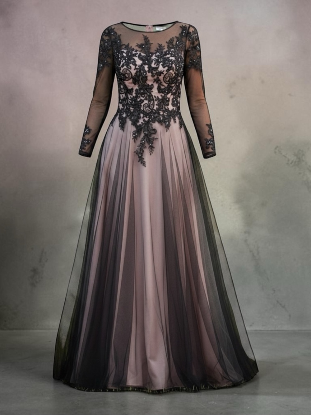 Azazie Black Dusty Rose Reagan Long Sleeve Lace Appliqué Gown MBD Sz 14 Elegant